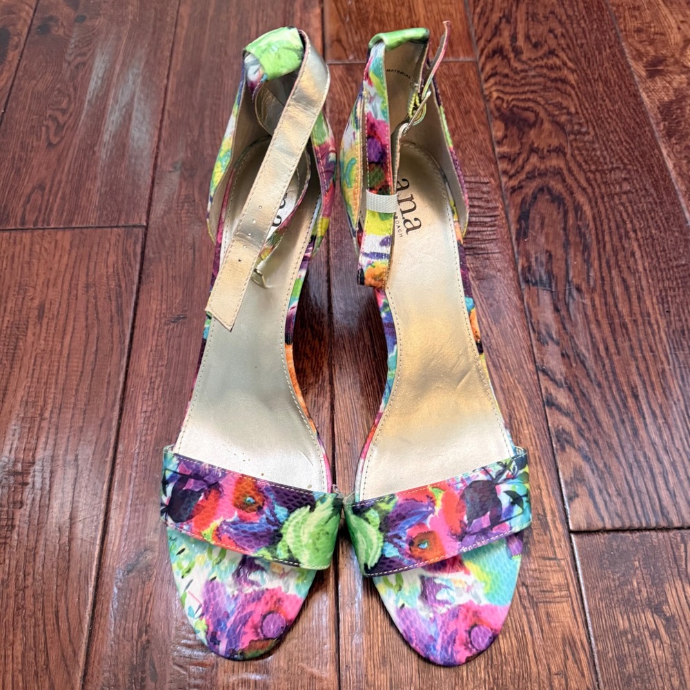 A.N.A Watercolor Floral Block Heel Sandals Size 12M Ankle Strap Dress Heels
